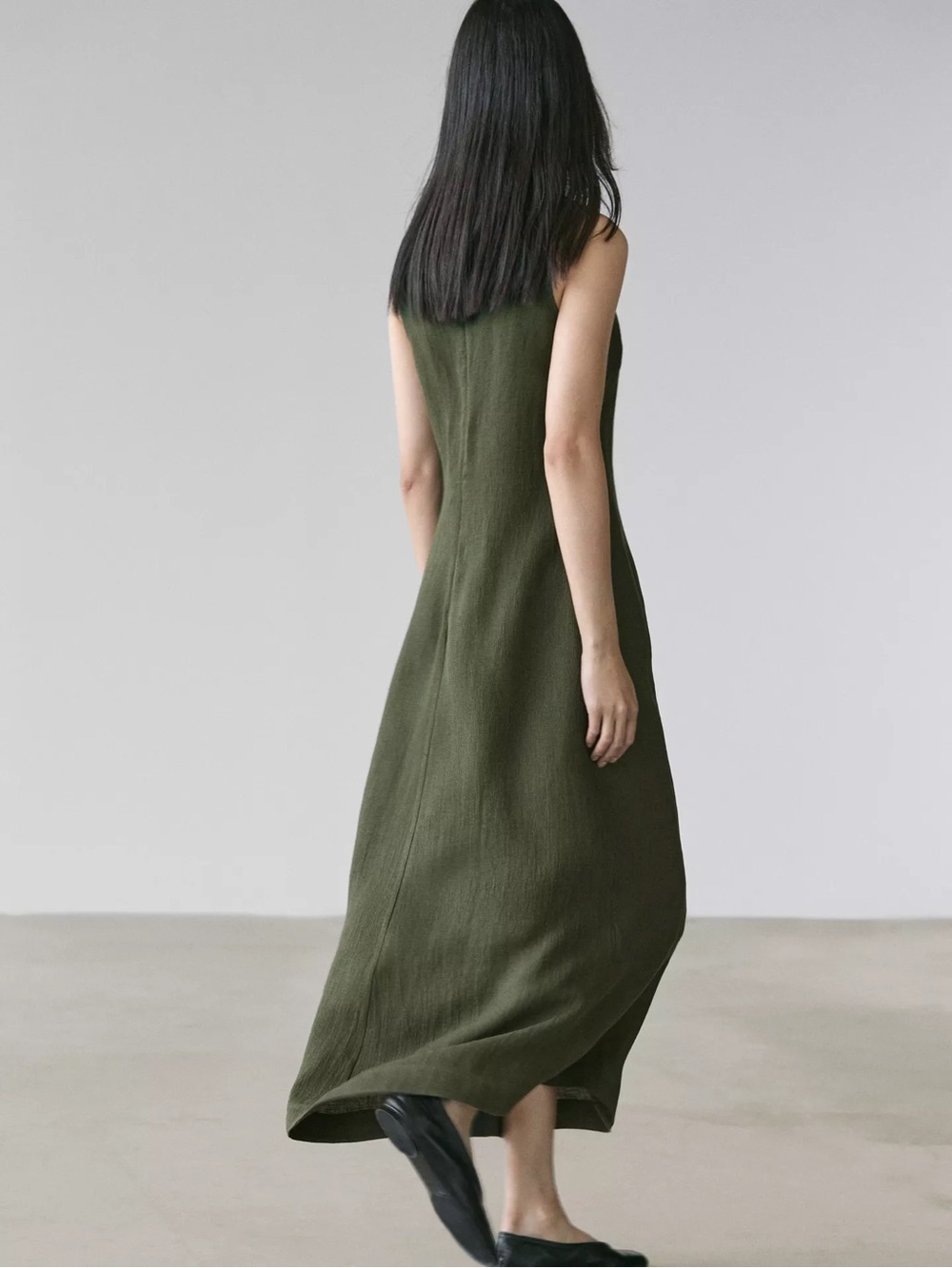 Massimo Dutti Linen Olive Green Sleeveless Maxi Dress - Picture 4 of 9
